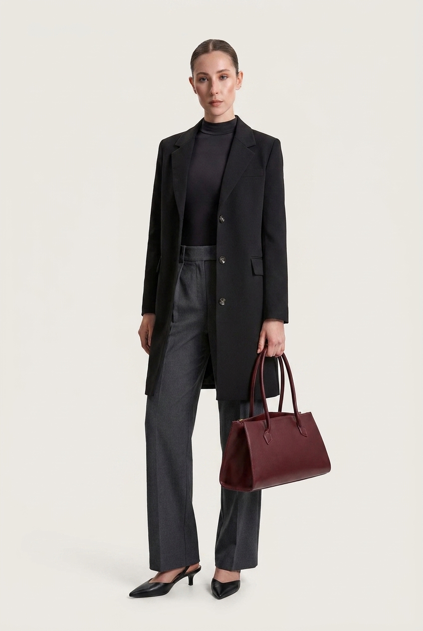 Черный total look, темный верхний слой и бордовая сумка