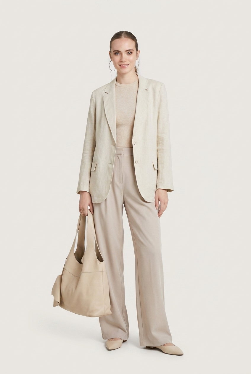 Светлый образ с жакетом, бежевым топом, широкими брюками и балетками для женщин