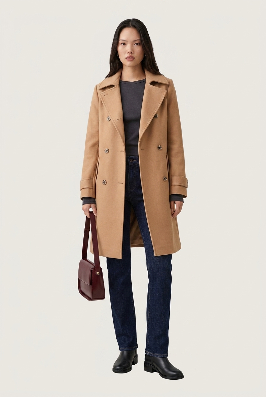 Smart casual образ с пальто, лонгсливом и джинсами для женщин